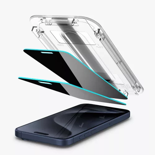 Spigen Glas.tR EZ Fit Apple iPhone 16 / iPhone 15 Privacy tempered kijelzővédő fólia felhelyező kerettel (2db)