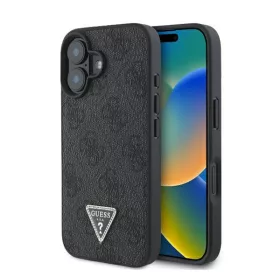   Guess Leather 4G Triangle Strass iPhone 16 Plus kemény hátlap tok, fekete GUHCP16MP4TDPK