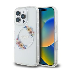   Guess IML Flowers Wreath iPhone 16 Pro MagSafe kemény hátlap tok, átlátszó GUHMP16LHFWFCT