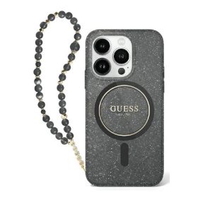   Guess IML Glitter iPhone 16 MagSafe kemény hátlap tok karpánttal, fekete GUHMP16SHGCRELSK