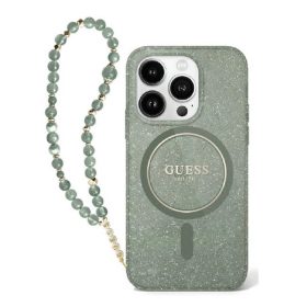   Guess IML Glitter iPhone 16 Pro Max MagSafe kemény hátlap tok karpánttal, zöld GUHMP16XHGCRELSA