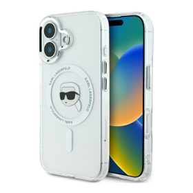   Karl Lagerfeld IML Metal Karl Head iPhone 16 MagSafe kemény hátlap tok, fehér KLHMP16SHLSKIH
