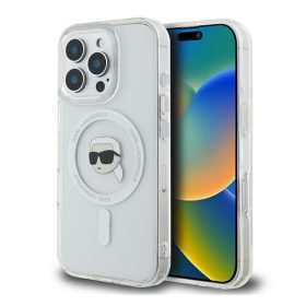   Karl Lagerfeld IML Metal Karl Head iPhone 16 Pro MagSafe kemény hátlap tok, fehér KLHMP16LHLSKIH