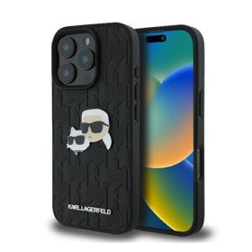   Karl Lagerfeld Monogram Karl&Chaoupette Head Pin iPhone 16 Pro kemény hátlap tok, fekete KLHCP16LPGKLKCPK