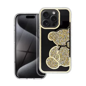 Teddy Bear iPhone 15 csillogó köves tok, arany