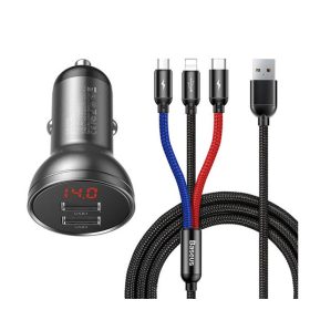   Baseus 2xUSB-A autós töltő LCD kijelzővel + 3in1 töltő kábellel, 4,8A, 24W, fekete