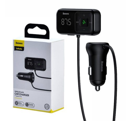 Baseus T Type S-16 vezeték nélküli Bluetooth MP3-lejátszó+2USB-Autós töltő, Fekete