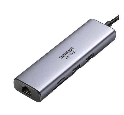 Ugreen USB-C Multifunkciós Adapter Hub, 2x USB-A 3.0, HDMI, RJ45, SD/TF, ezüst