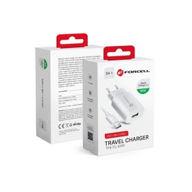   Forcell F-Energy TFK-TC-1099 USB-A + USB-A-USB-C töltő adapter kábellel, QC3.0, 2,4A, 18W, fehér