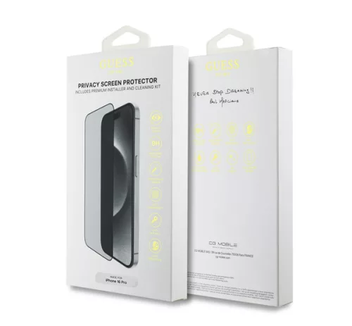 Guess 2.5D iPhone 16 Pro / 17 / 17 Pro Privacy/betekintésgátló kijelzővédő üvegfólia, fekete