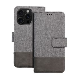  Gomma iPhone 16 Pro flip/oldalra nyíló tok kártyatartó résszel, szürke