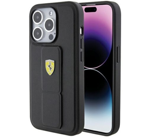 Ferrari Grip Stand Metal Logo iPhone 15 Pro kemény hátlap tok, fekete FEHCP15LGSPSIK