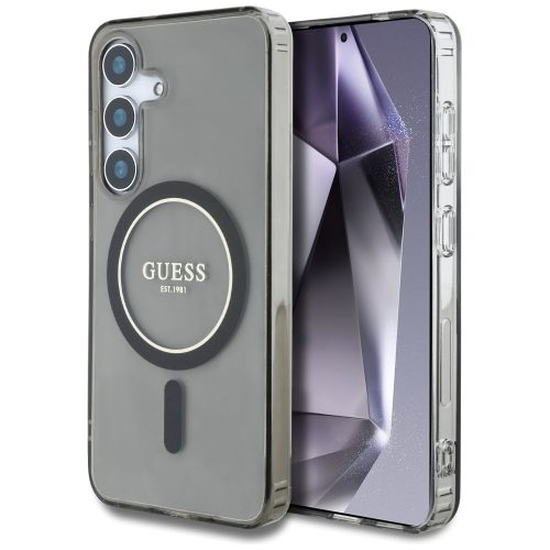Guess Glitter Circle Classic Logo Samsung Galaxy S25 MagSafe kemény hátlap tok, fekete