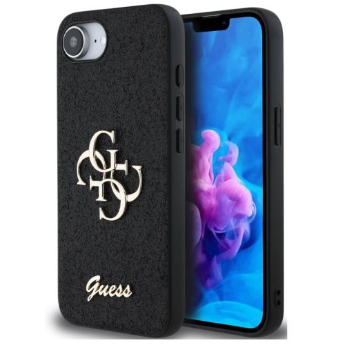 Guess PU Fixed Glitter 4G Metal Logo Apple iPhone 17e / iPhone 16e hátlap tok, fekete