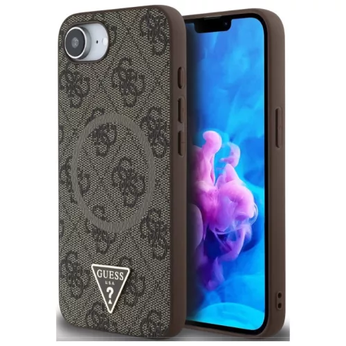 Guess PU 4G Strass Triangle Metal Logo Apple iPhone 17e / iPhone 16e MagSafe hátlap tok, barna