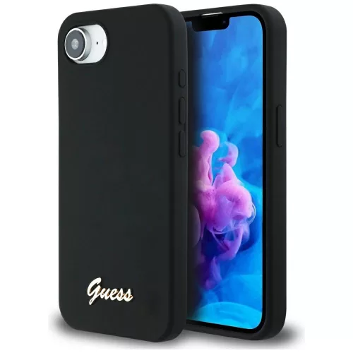 Guess Silicone Script Metal Logo Apple iPhone 17e / iPhone 16e MagSafe szilikon tok, fekete