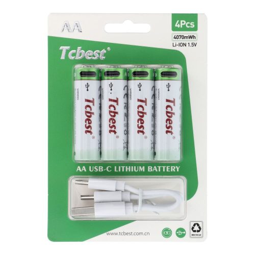 TCBEST újratölthető R6 (AA) elem 1100 mAh, USB-C csatlakozóval és töltőkábellel (4db)