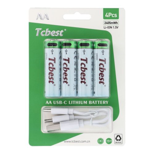 TCBEST újratölthető R6 (AA) elem 650 mAh, USB-C csatlakozóval és töltőkábellel (4db)