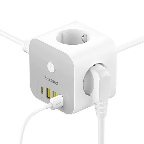 Baseus PowerCombo 7 az 1-ben hálózati elosztó kocka, 3 AC + 3 x USB-A + 1 x USB-C, 20W, 1,5 m, fehér