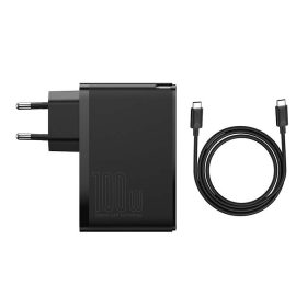   Baseus GaN2 Pro fali töltő, 2x USB-A + 2x USB-C, USB-C kábellel, 100W, EU, fekete