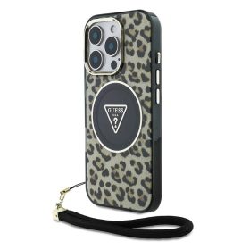   Guess IML Leopard Triangle Logo Strap iPhone 16 Pro MagSafe hátlap tok, barna