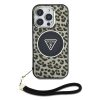 Guess IML Leopard Triangle Logo Strap iPhone 16 Pro MagSafe hátlap tok, barna