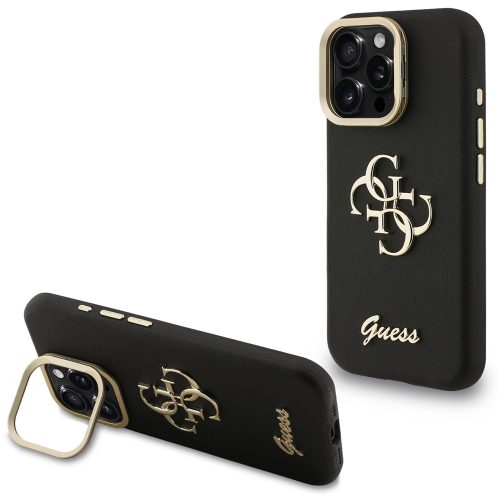 Guess PU Grained 4G Logo Stand Camera Frame iPhone 15 Pro hátlap tok kitámasztóval, fekete