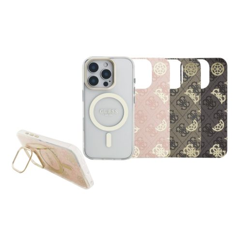 Guess PC/TPU Electroplated iPhone 16 Pro hátlap tok kitámasztóval, cserélhető hátlappal, átlátszó