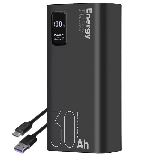 OBAL:ME EnergyPulse powerbank / külső akkumulátor kábellel, digitális kijelzővel, 30000mAh, 22,5W, fekete