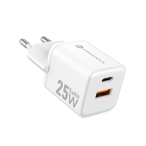 Forcell F-Energy Mini GaN III VT-25B USB-C + USB-A töltő adapter,  PD, QC4.0, 25W, fehér