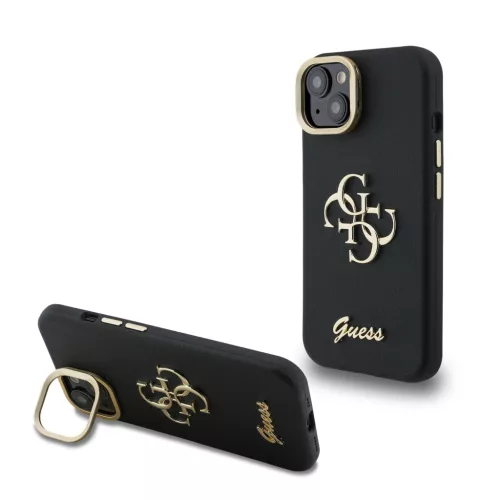 Guess PU Grained 4G Logo Stand Camera Frame iPhone 15 hátlap tok kitámasztóval, fekete