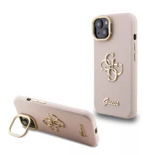 Guess PU Grained 4G Logo Stand Camera Frame iPhone 15 hátlap tok kitámasztóval, rózsaszín