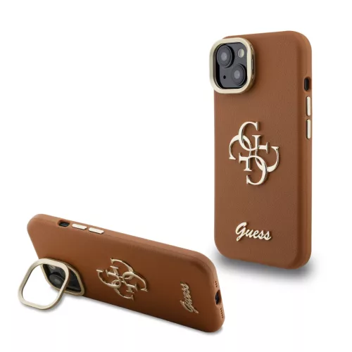Guess PU Grained 4G Logo Stand Camera Frame iPhone 15 hátlap tok kitámasztóval, barna