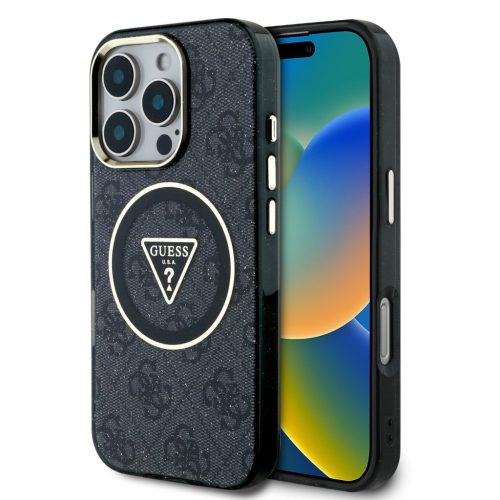 Guess IML 4G Glitter and Triangle Logo iPhone 16 Pro MagSafe kemény hátlap tok, fekete