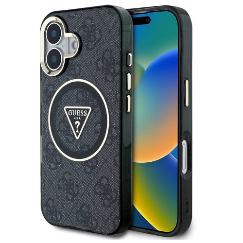 Guess IML 4G Glitter and Triangle Logo iPhone 16 MagSafe kemény hátlap tok, fekete