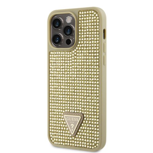 Guess Rhinestones Triangle Metal Logo iPhone 14 Pro Max hátlap tok, arany