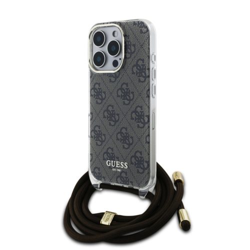 Guess IML 4G Printed Crossbody Strap iPhone 16 Pro hátlap tok pánttal, barna
