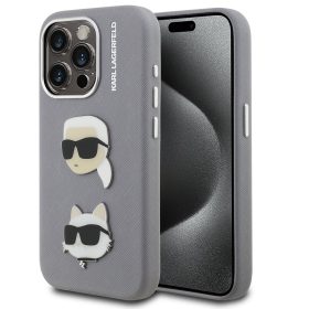   Karl Lagerfeld Grained PU K&CH Heads iPhone 15 Pro hátlap tok, szürke