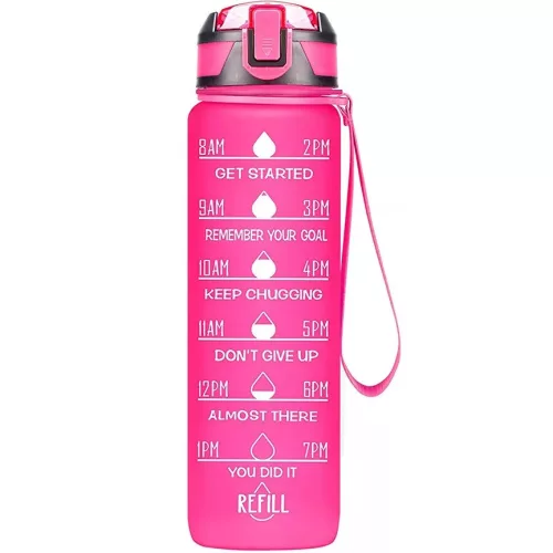 Prémium motivációs sport kulacs, idősáv, motivációs szöveg, kézpánttal, 1000 ml, Wooze You Did It, pink