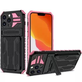  Apple iPhone 14 Plus, Műanyag hátlap védőtok szilikon belső, közepesen ütésálló, kitámasztóval, kártyatartóval, Wooze Transformer, fekete/rózsaszín