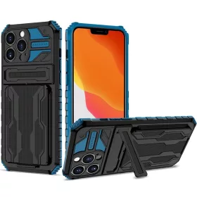   Samsung Galaxy S22 Plus 5G SM-S906, Műanyag hátlap védőtok szilikon belső, közepesen ütésálló, kitámasztóval, kártyatartóval, Wooze Transformer, fekete/kék