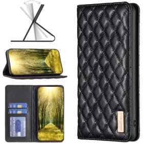   Samsung Galaxy S22 Plus 5G SM-S906, Oldalra nyíló tok, stand, kártyatartóval, 3D rombusz minta, Wooze Pillow, fekete