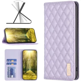   Oppo Find X5 Pro, Oldalra nyíló tok, stand, kártyatartóval, 3D rombusz minta, Wooze Pillow, lila