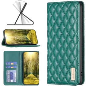   Oppo Find X5 Pro, Oldalra nyíló tok, stand, kártyatartóval, 3D rombusz minta, Wooze Pillow, zöld