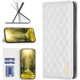   Oppo Find X5, Oldalra nyíló tok, stand, kártyatartóval, 3D rombusz minta, Wooze Pillow, fehér