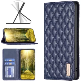   Samsung Galaxy S22 Plus 5G SM-S906, Oldalra nyíló tok, stand, kártyatartóval, 3D rombusz minta, Wooze Pillow, kék