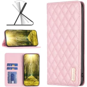  Samsung Galaxy S22 Plus 5G SM-S906, Oldalra nyíló tok, stand, kártyatartóval, 3D rombusz minta, Wooze Pillow, rózsaszín