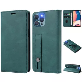   Apple iPhone 14 Plus, Oldalra nyíló tok, stand, kártyatartóval, kézpánttal, Wooze Business Plus, zöld