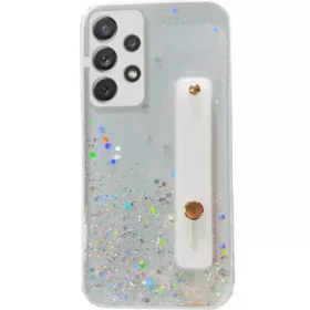   Apple iPhone 15 Plus, Szilikon tok, közepesen ütésálló, kézpánttal, színátmenetes, csillogó minta, Wooze Strap Star, mintás/fehér