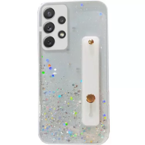 Apple iPhone 15 Plus, Szilikon tok, közepesen ütésálló, kézpánttal, színátmenetes, csillogó minta, Wooze Strap Star, mintás/fehér